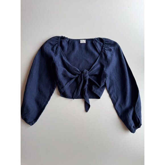 Aritzia WILFRED Venus Navy Blue Linen Blend Front Tie Blouse Top, Size XS - Picture 5 of 11